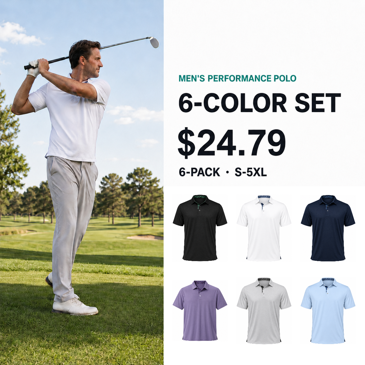 Men's Performance Polo Shirts - Single Colors & 6-Pack - Quick