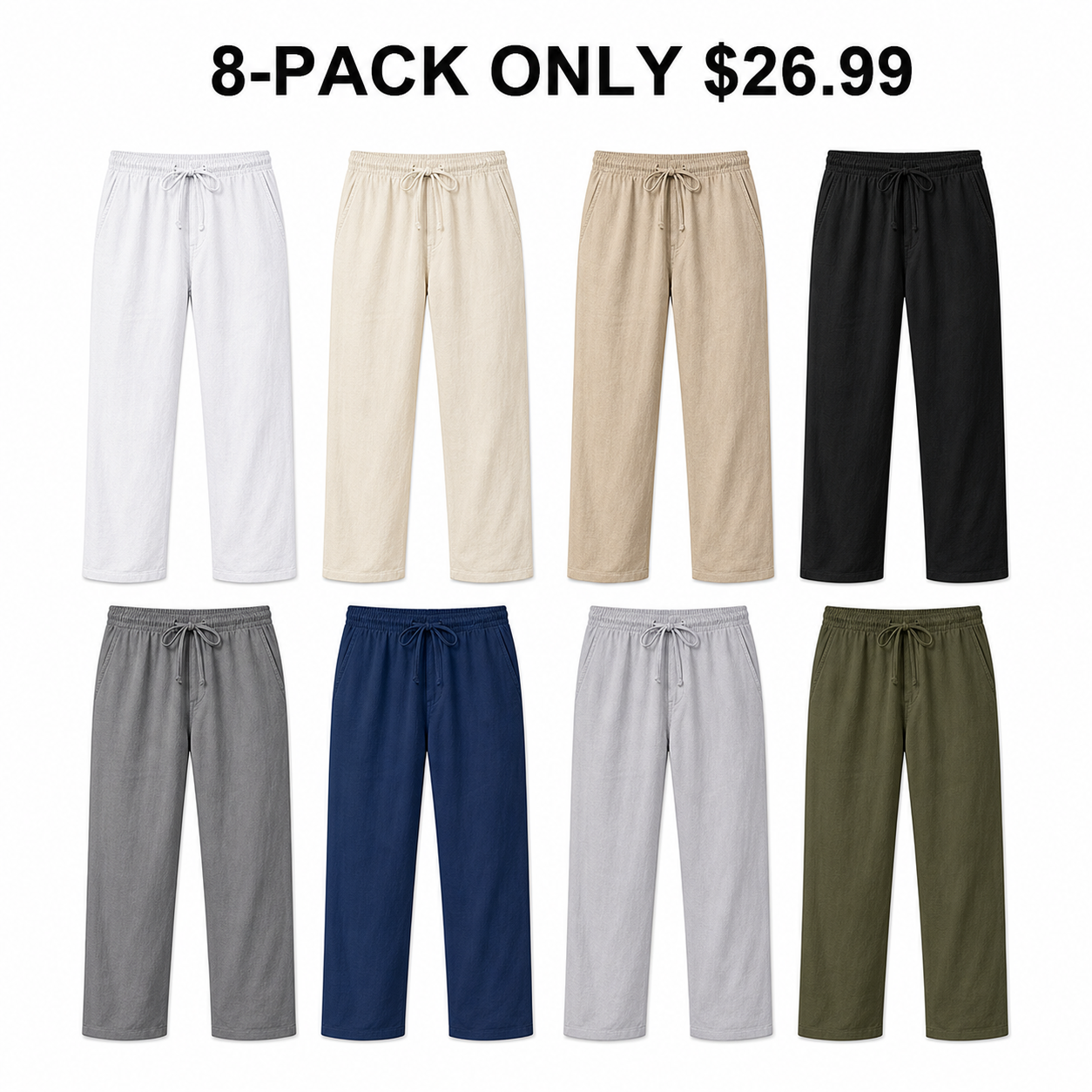 Men's Drawstring Linen Beach Pants 8-Pack All Color Set