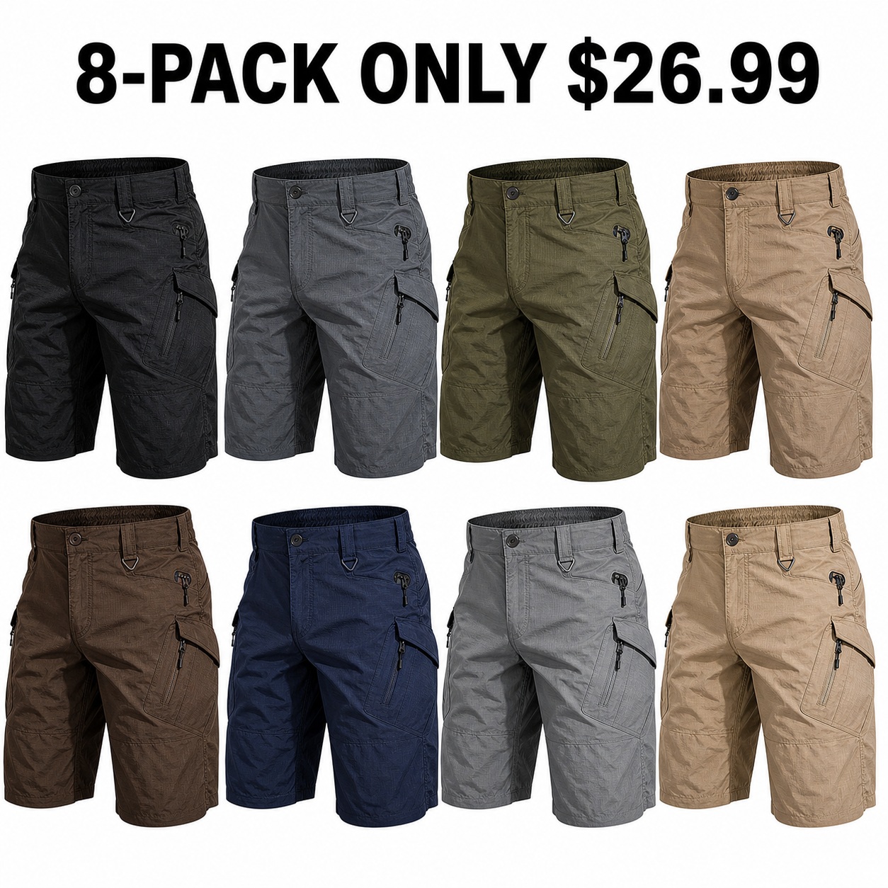 Men's Water-Repellent Hiking Tactical Cargo Shorts 8-Pack All Color Set - Quick Dry Multi