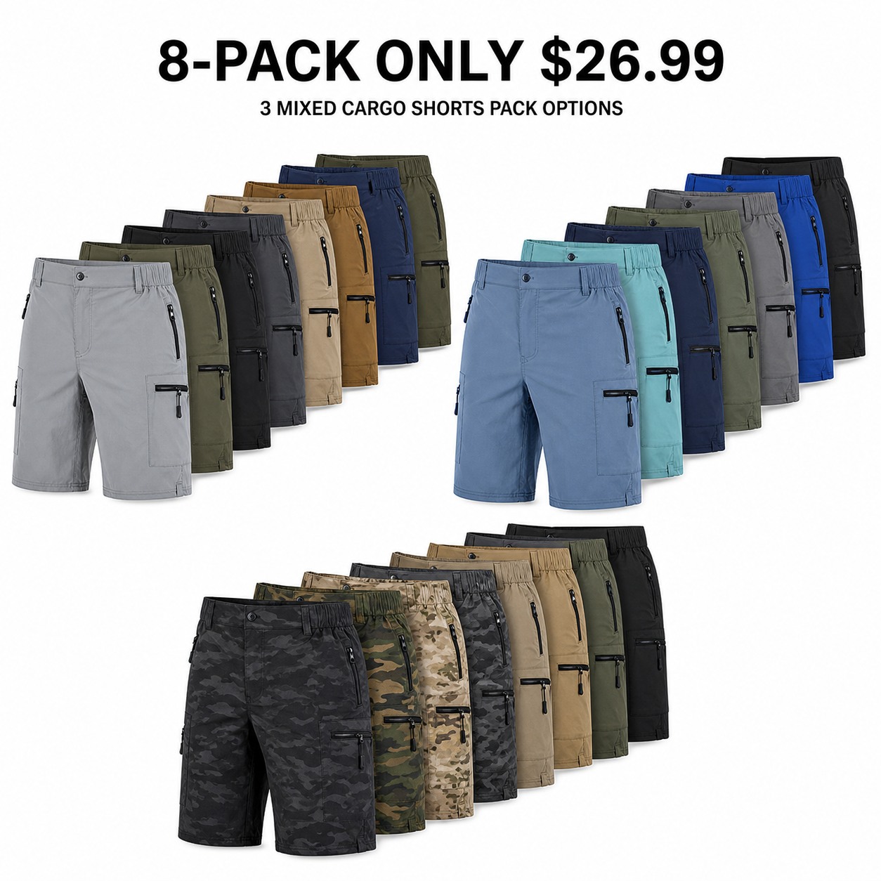 Men's Quick-Dry Hiking Cargo Shorts 8-Pack Mixed Color Set - Multi