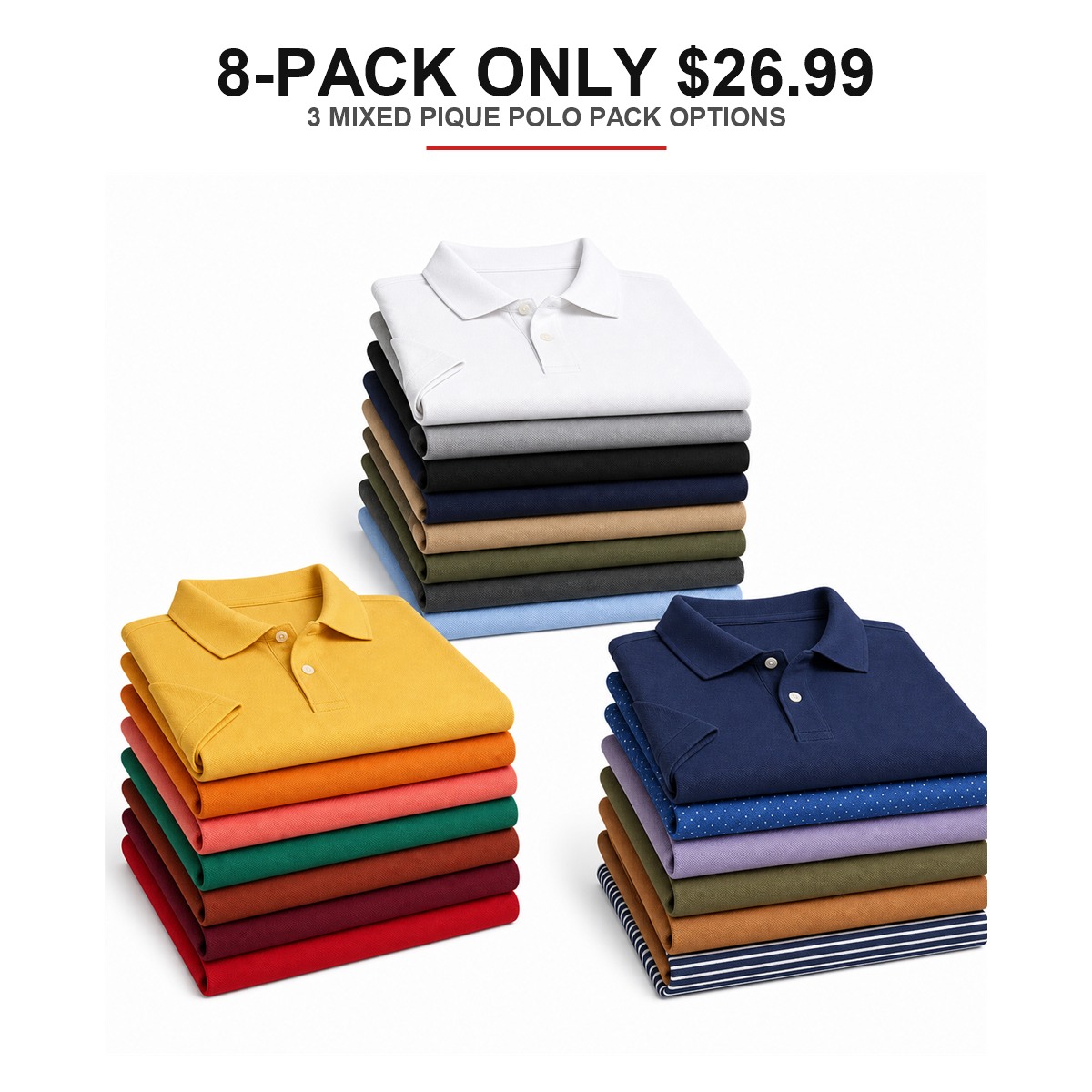 Men's Regular-Fit Cotton Pique Polo Shirts 8-Pack Mixed Color Set