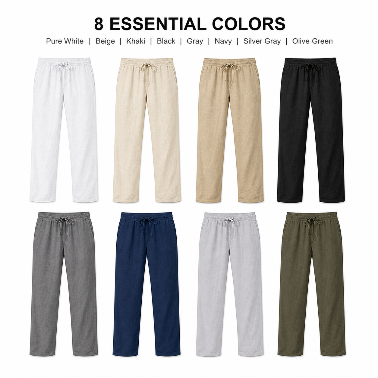Men's Drawstring Linen Beach Pants 8-Pack All Color Set
