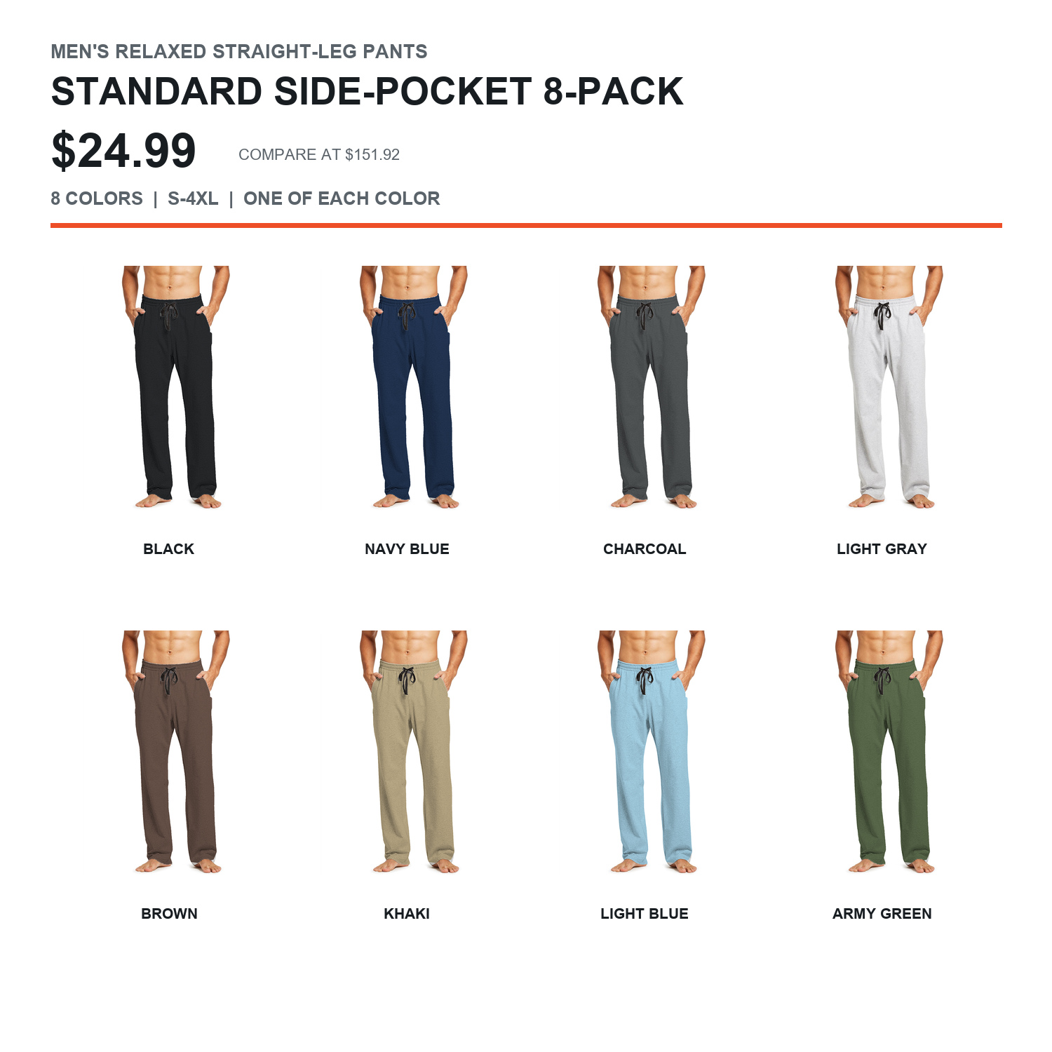 Men's Cotton-Blend Relaxed Straight-Leg Lounge Pants 8-Pack - Standard or Zipper Side