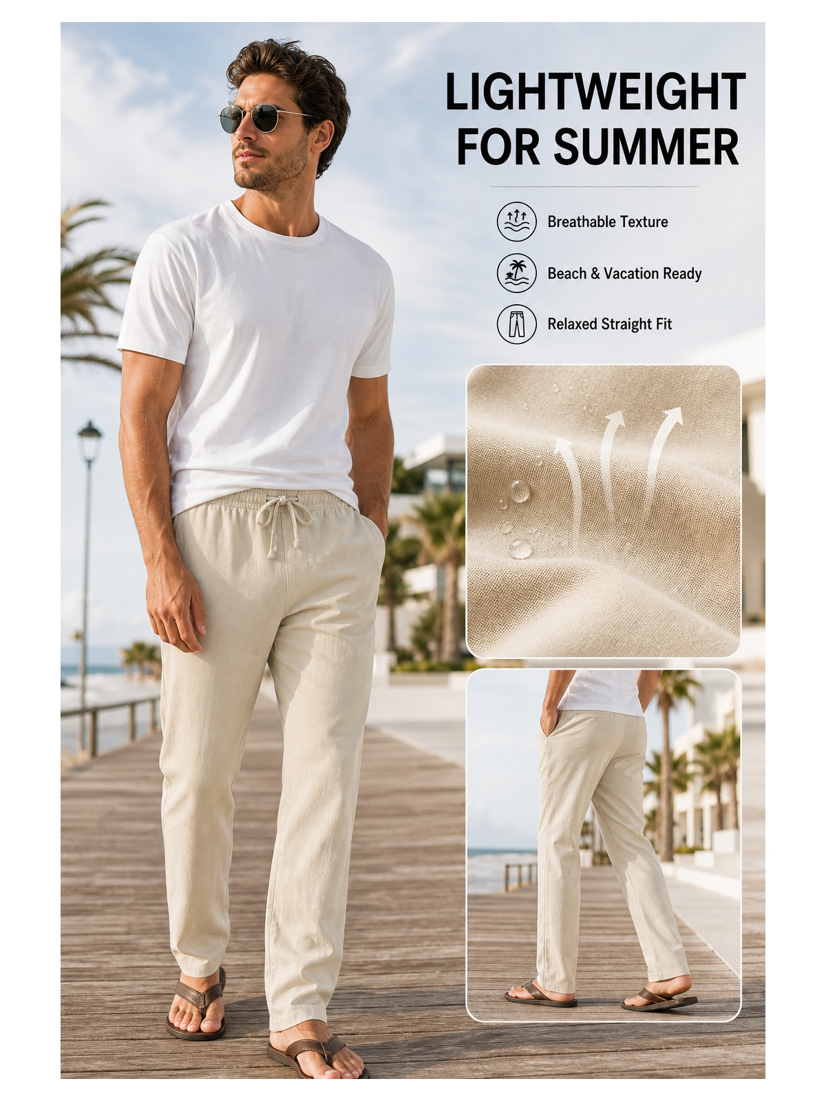 Men's Drawstring Linen Beach Pants 8-Pack All Color Set
