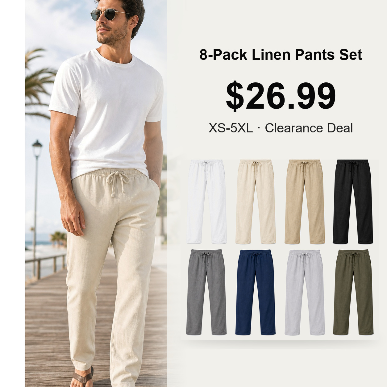 Men's Drawstring Linen Beach Pants 8-Pack All Color Set