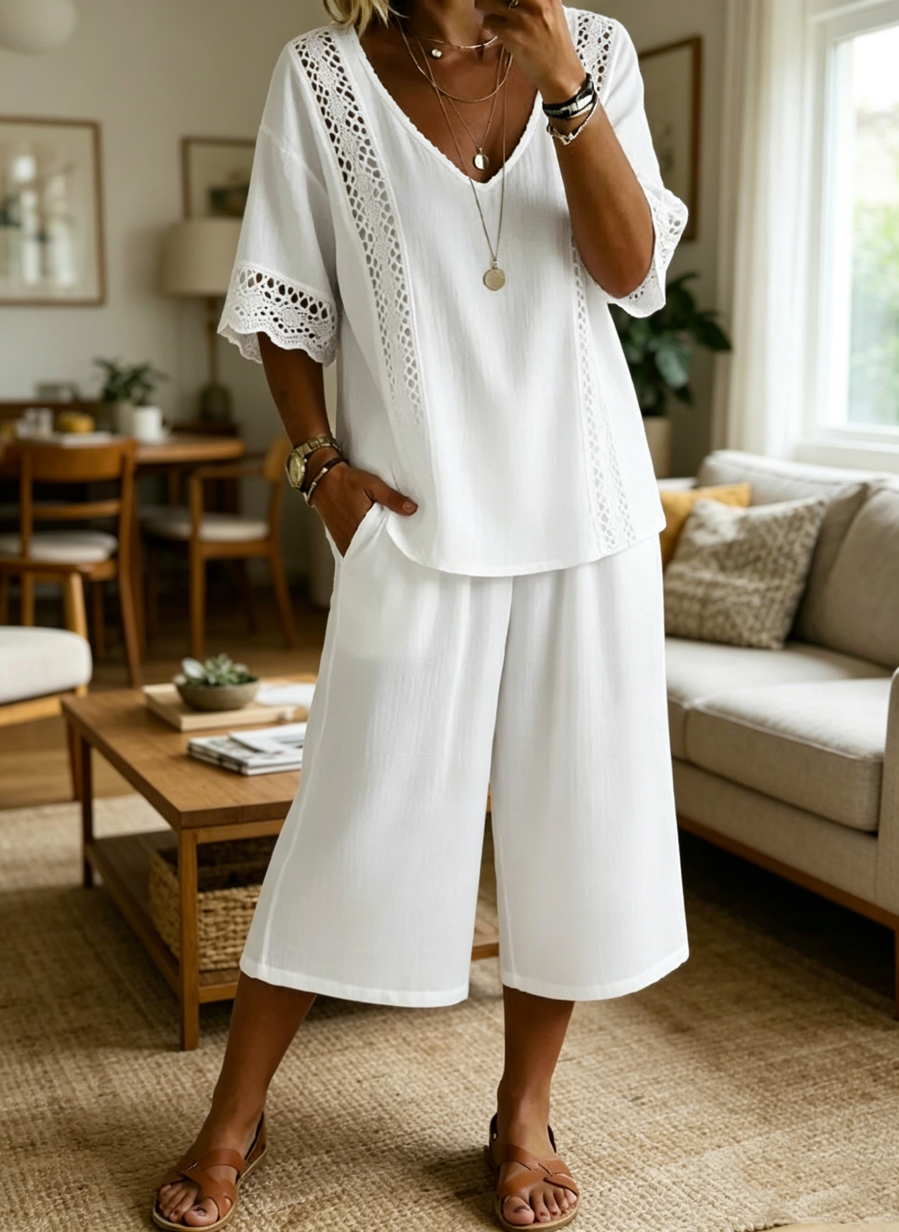 Seasonal Summer Bestseller 🔥8 Pack Only$32.99 Women's V-neck hollowed-out lace short-sleeved top and capri shorts two-piece set