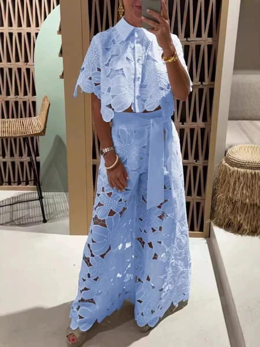 Women's 2026 New Retro Lace Outfit Set Short Sleeved Blouse Tops & Tie-up Pants Two-Piece Embroidery Hollow Temperament Suit for Casual & Special Occasions summerwins
