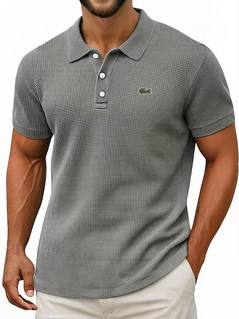 Men's Cotton Waffle Vintage Casual Breathable Pinholes Short Sleeve Polo Shirt