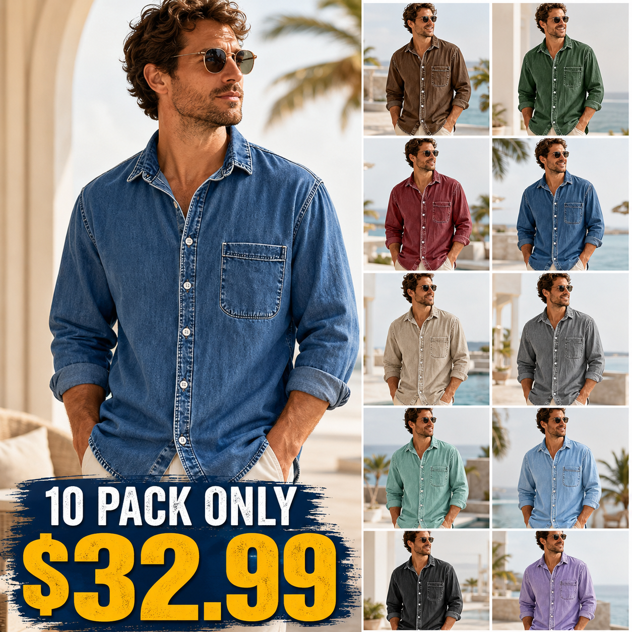 Summer Hot Sale: 10 pack for $32.99 - Men's Vintage Washed Cotton Denim Shirt