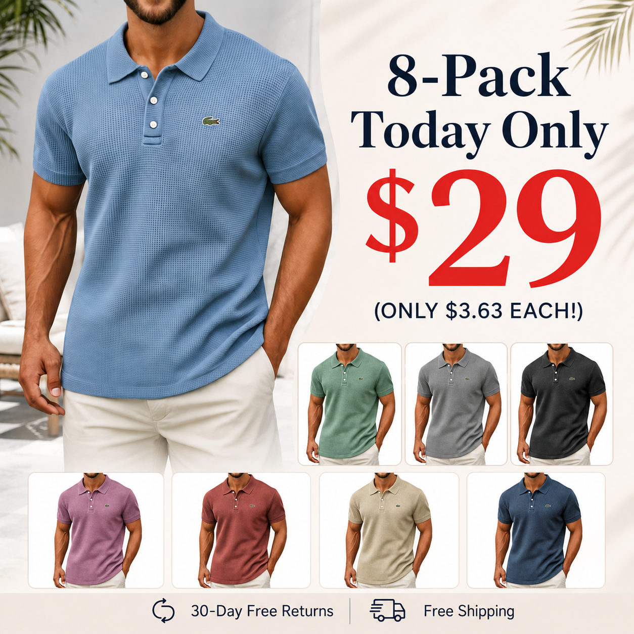 Men's Cotton Waffle Vintage Casual Breathable Pinholes Short Sleeve Polo Shirt