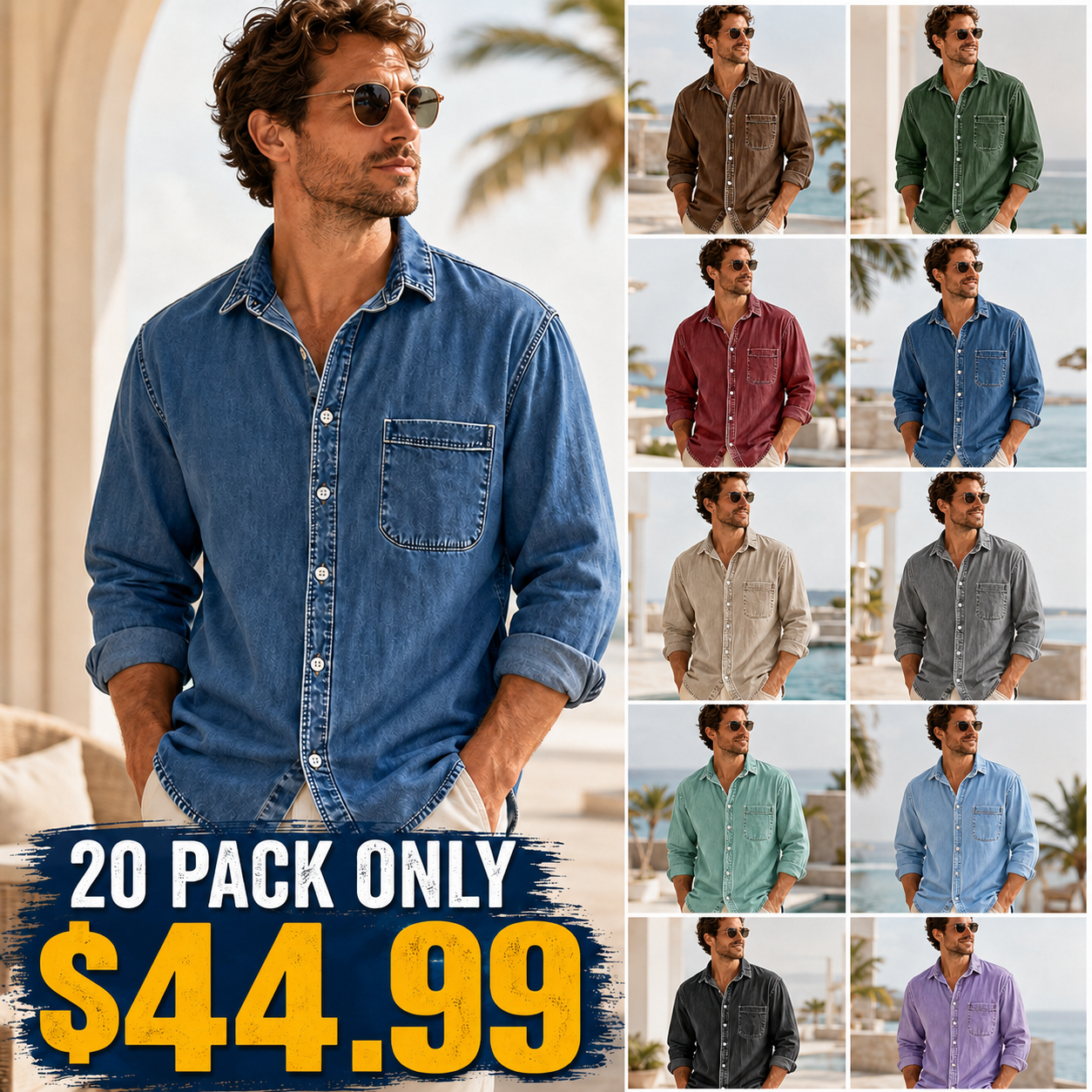 Summer Hot Sale: 10 pack for $32.99 - Men's Vintage Washed Cotton Denim Shirt