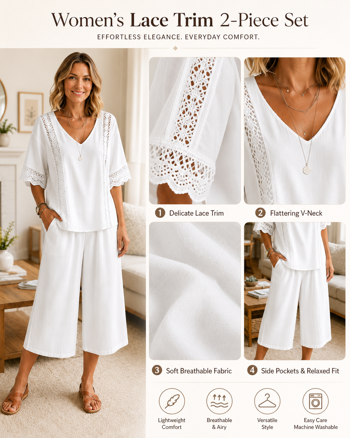 Seasonal Summer Bestseller 🔥8 Pack Only$32.99 Women's V-neck hollowed-out lace short-sleeved top and capri shorts two-piece set