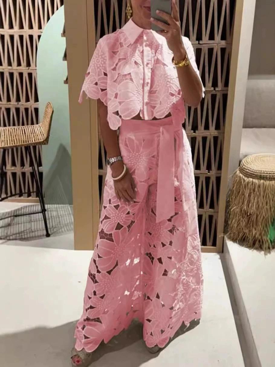 Women's 2026 New Retro Lace Outfit Set Short Sleeved Blouse Tops & Tie-up Pants Two-Piece Embroidery Hollow Temperament Suit for Casual & Special Occasions summerwins