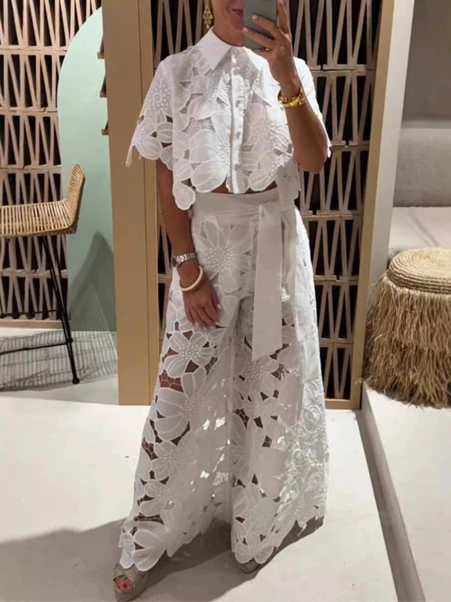 Women's 2026 New Retro Lace Outfit Set Short Sleeved Blouse Tops & Tie-up Pants Two-Piece Embroidery Hollow Temperament Suit for Casual & Special Occasions summerwins