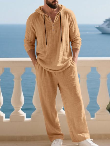 Men's Trendy Linen Hooded Two-Piece Set, Casual Vacation Style, Loose Fit Breathable Fabric, Hoodie & Wide-Leg Pants, Spring & Fall Wear