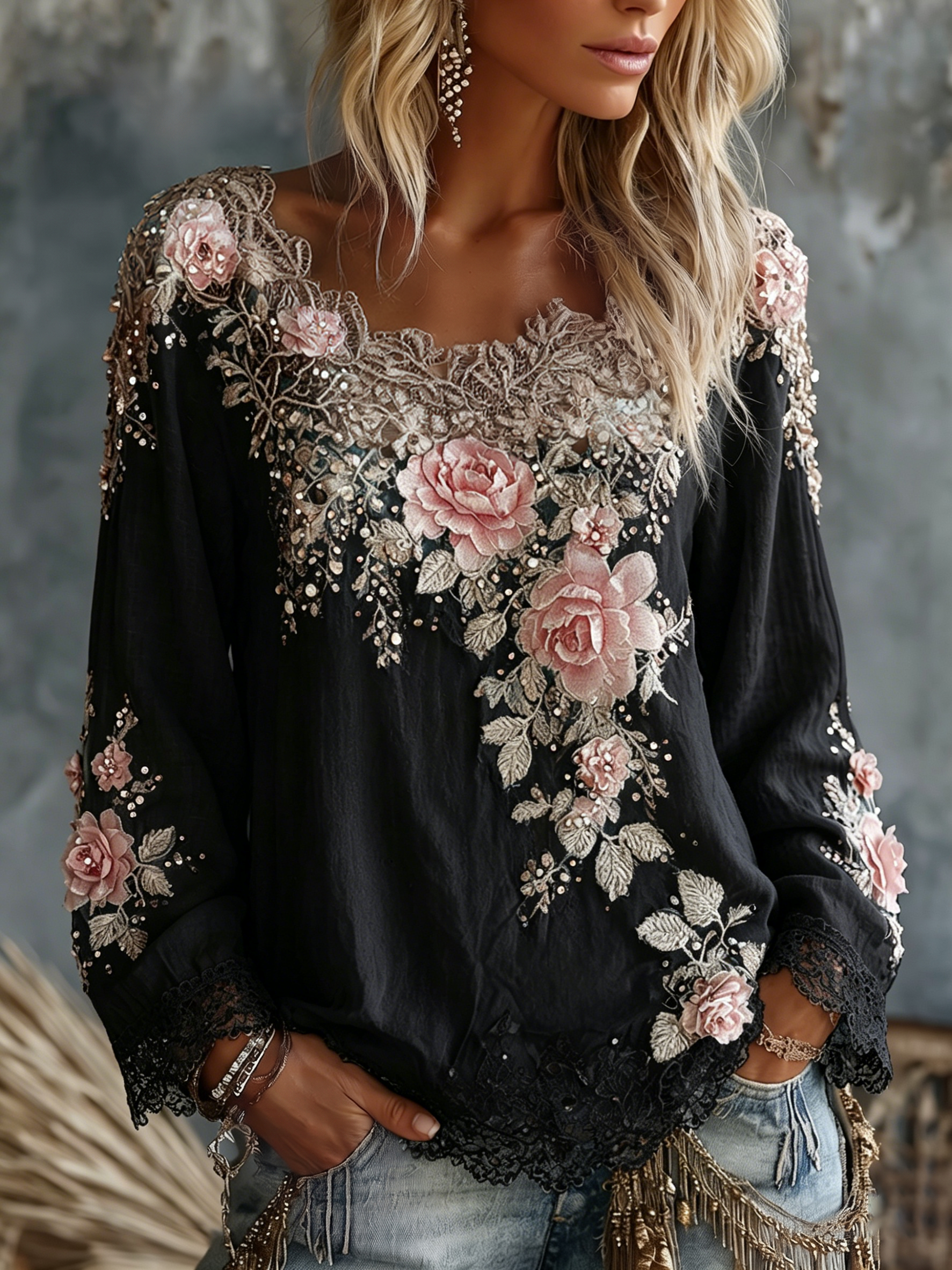 Women's Vintage Rose Floral Art Crew Neck Long Sleeve Linen T-shirt