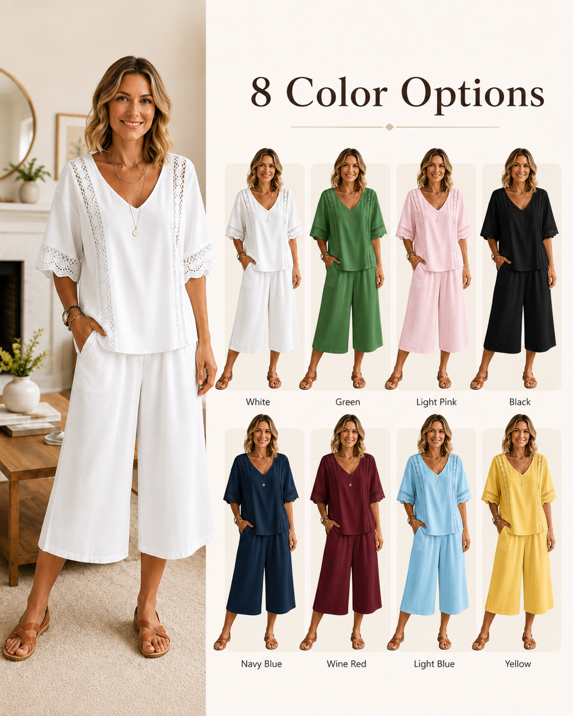 Seasonal Summer Bestseller 🔥8 Pack Only$32.99 Women's V-neck hollowed-out lace short-sleeved top and capri shorts two-piece set