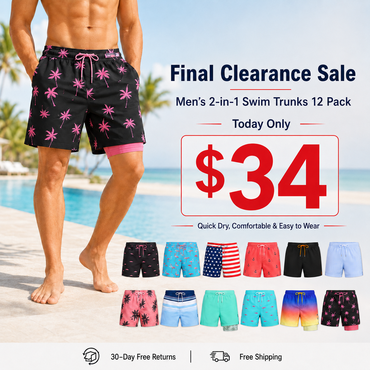 2 in 1 Mens Swim Trunks 7 Inch Swim Shorts