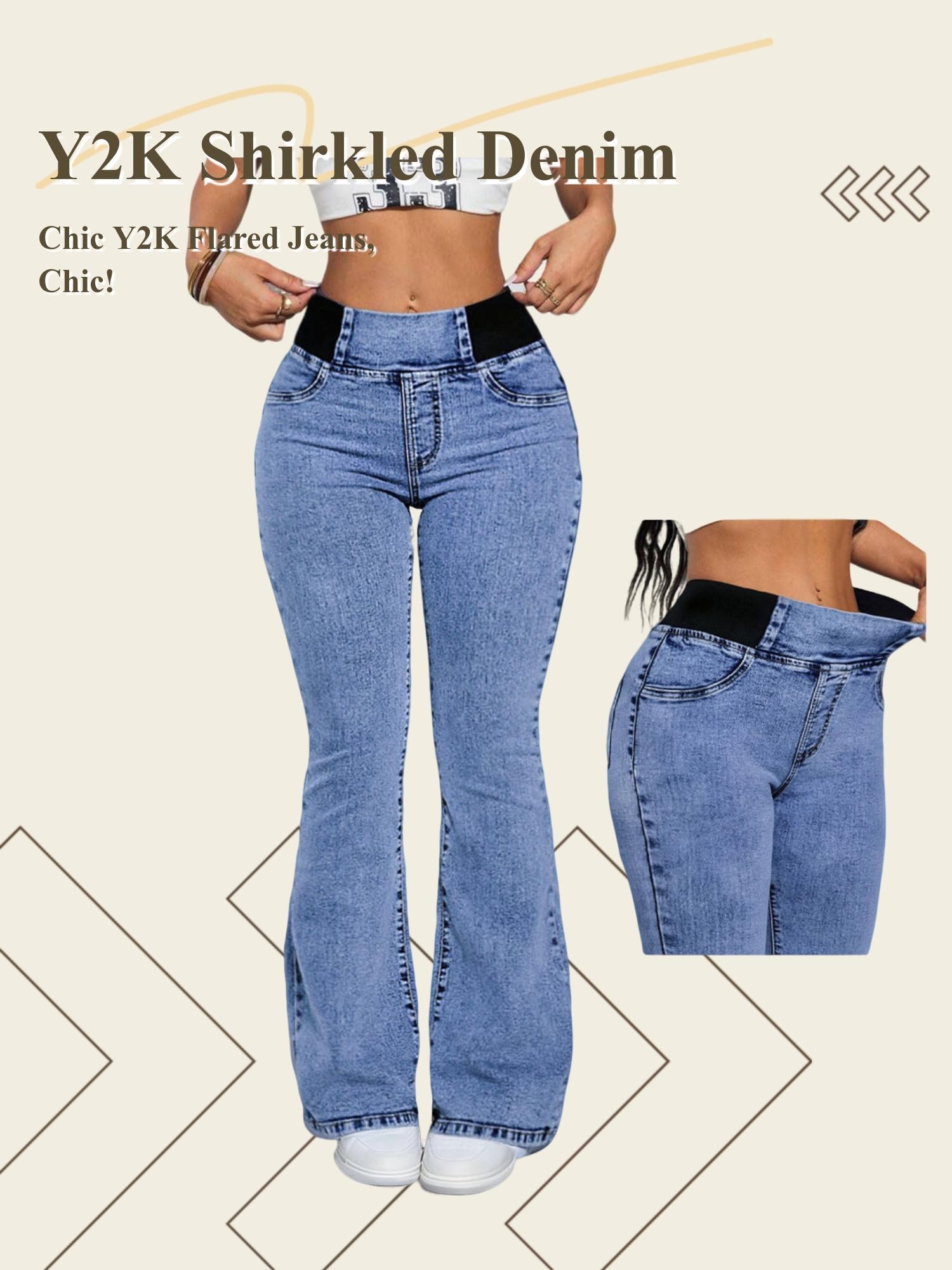 GILIPUR Y2K 2026 Women's Back Shirred Jeans,Mid-To-High Waist Elasticity Waist Flared Jeans,With Pockets,Light Blue Washing Process,Women's Bell-Bottoms Wide-Leg Jeans,Waist-Cinching Design,Yes Denim,Bootcut Jeans,Yess Denim,Red Boots Outfit Tiana,T-Chic