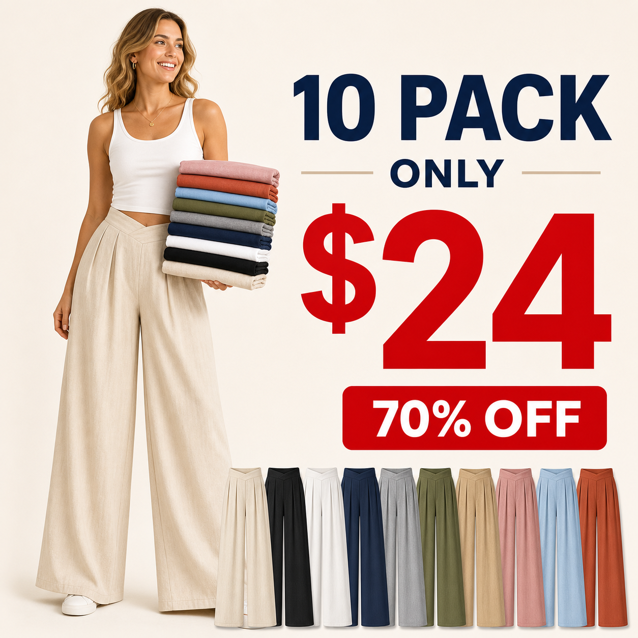 ?Summer Hot Sale ?10 Pack Only $24?Women's High Waist Pleated Wide Leg Pants