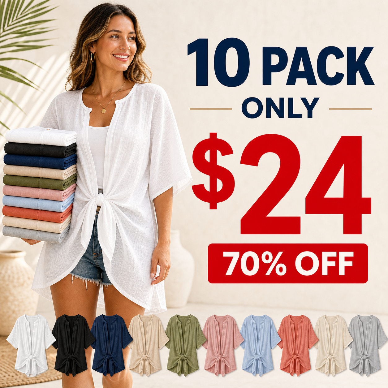 Summer Hot Sale?10 Pack for $24?Women's Linen Tie-Front Resort Tunic