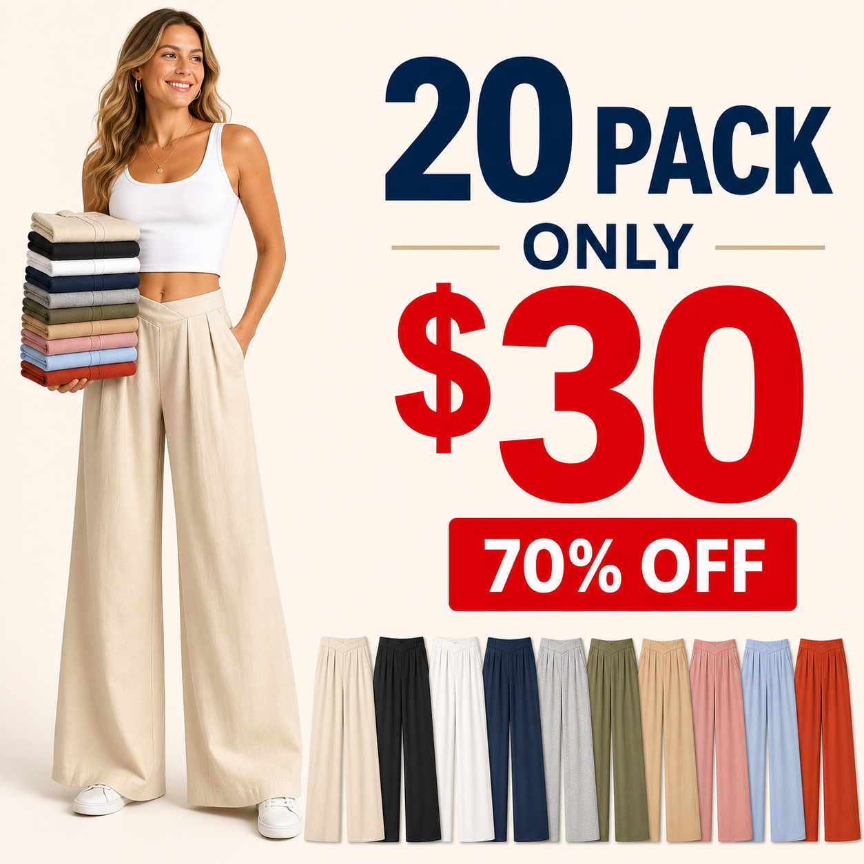 ?Summer Hot Sale ?10 Pack Only $24?Women's High Waist Pleated Wide Leg Pants