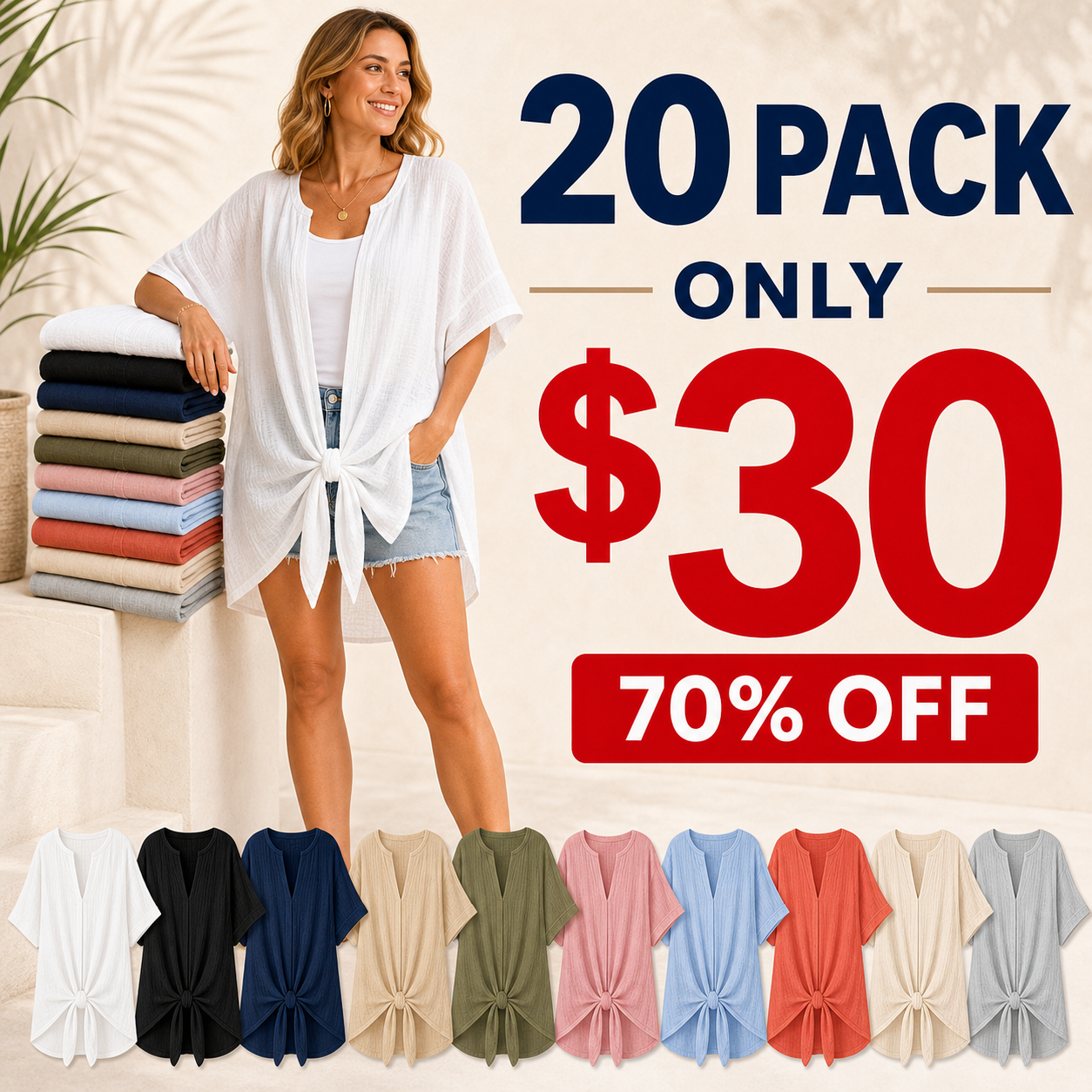 Summer Hot Sale?10 Pack for $24?Women's Linen Tie-Front Resort Tunic
