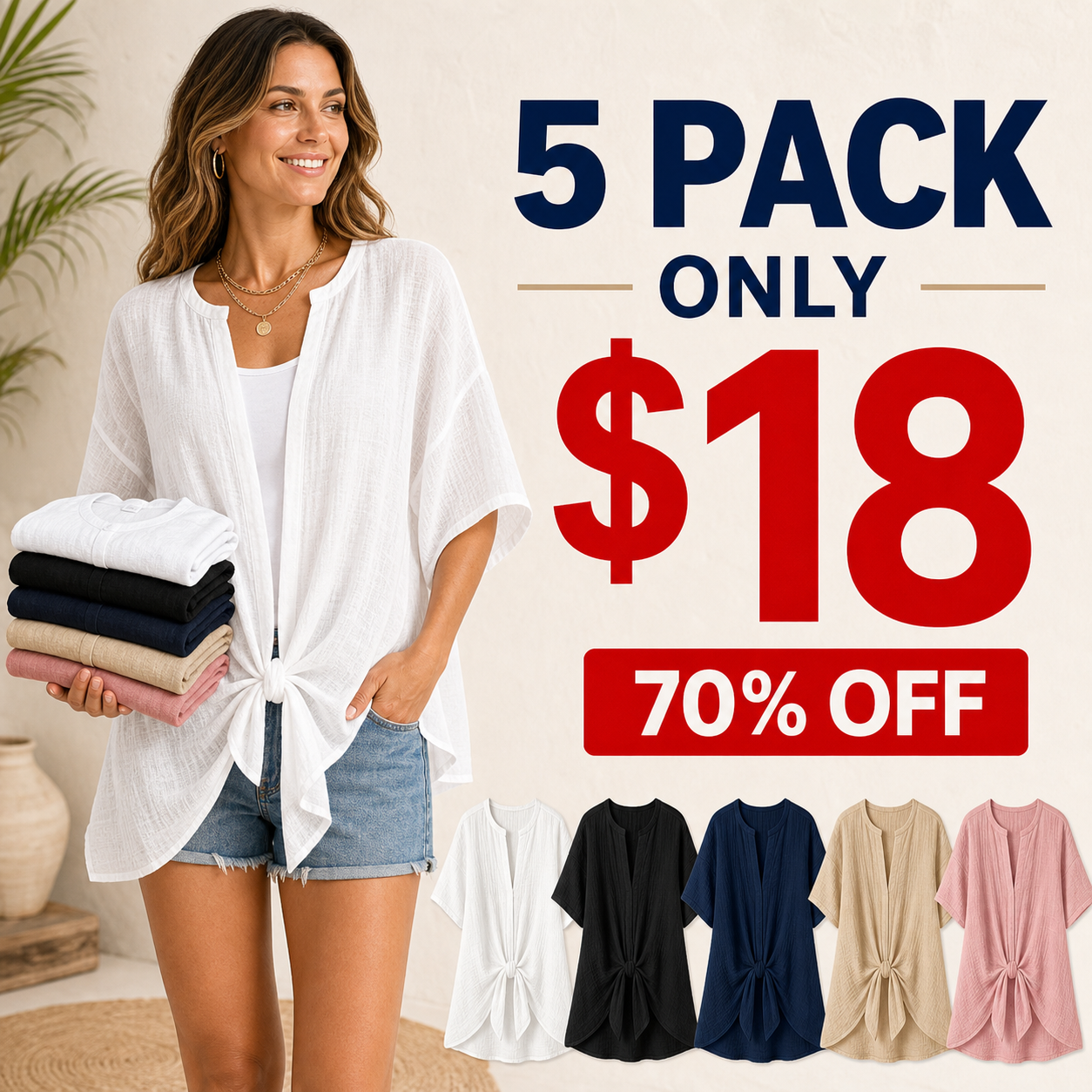 Summer Hot Sale?10 Pack for $24?Women's Linen Tie-Front Resort Tunic