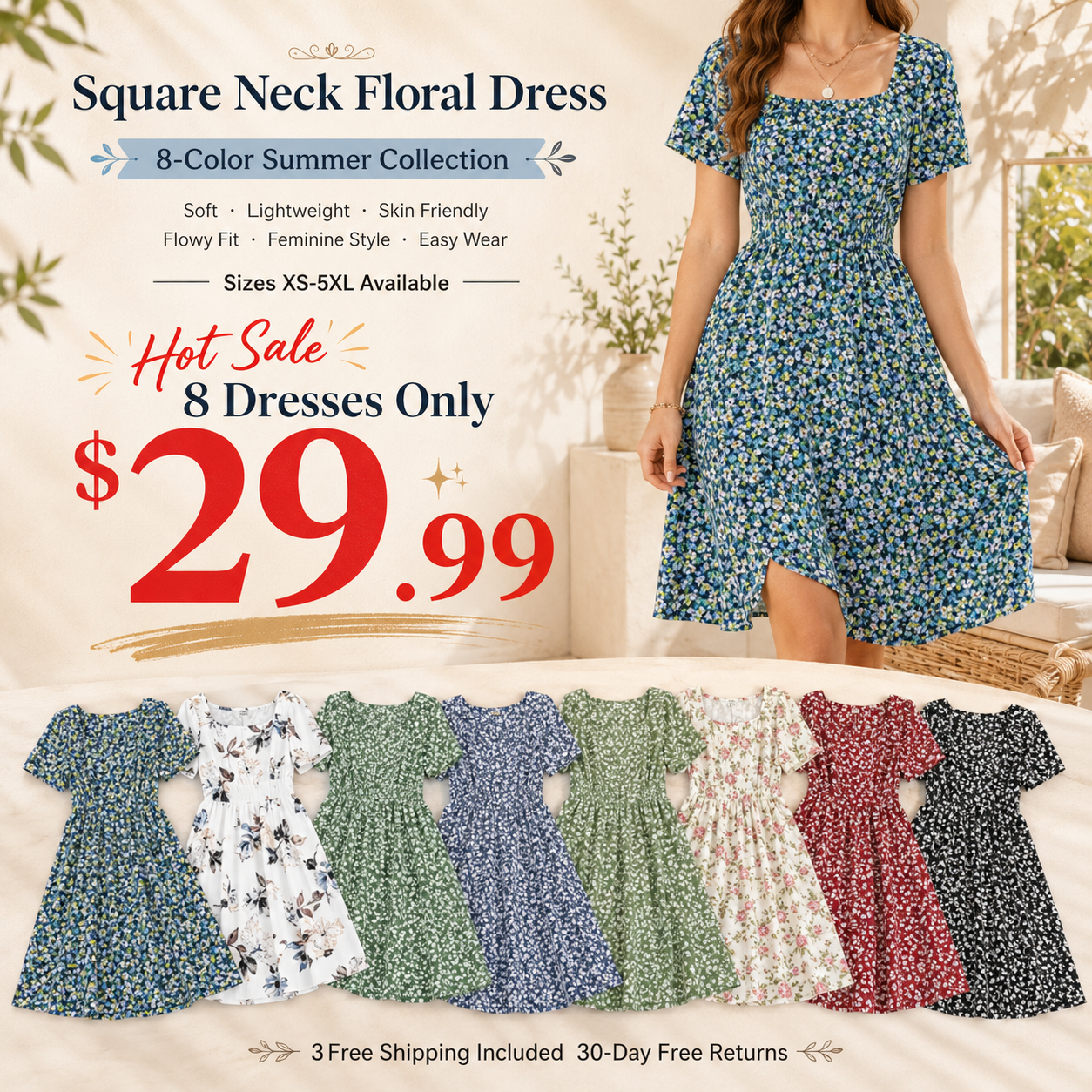 🔥Hot Sale💥-Women Square Neck Ditsy Floral Dress