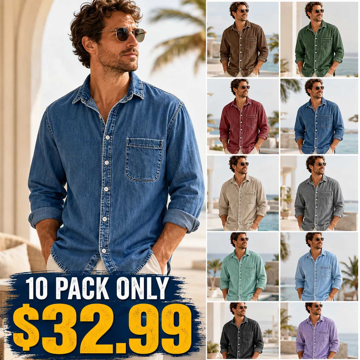 10 pack for $32.99 – Men's Vintage Washed Cotton Denim Shirt
