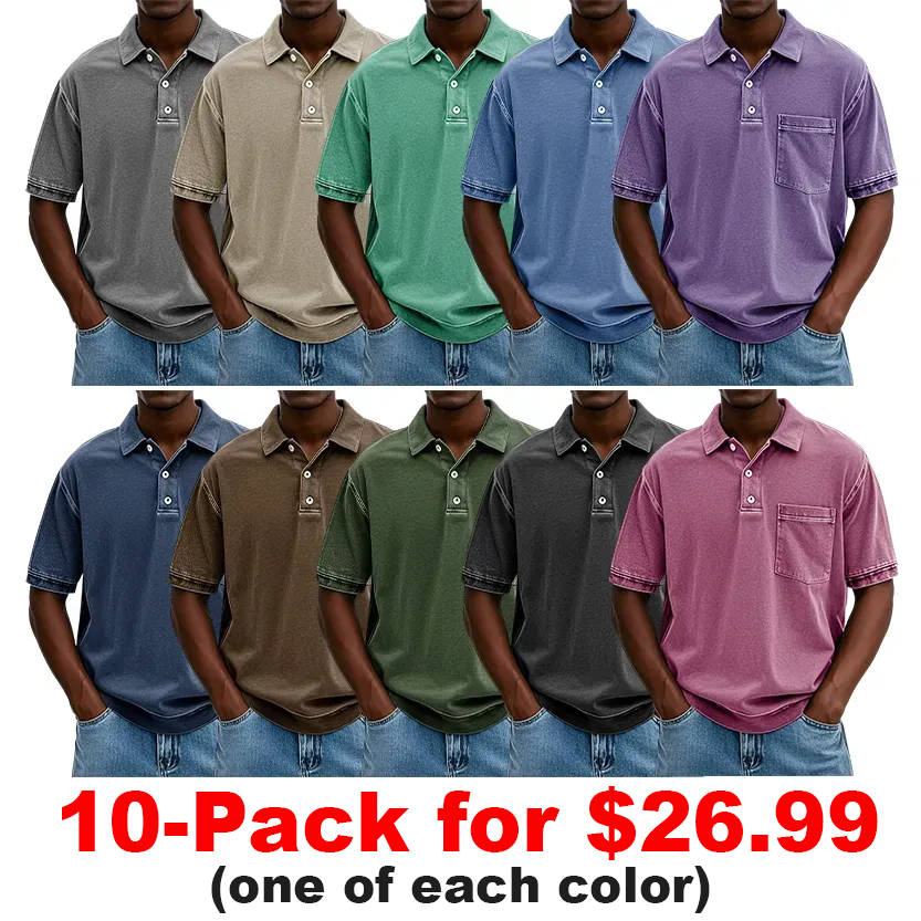 10-Pack Men's Retro Pocket Polo Shirts $26.99