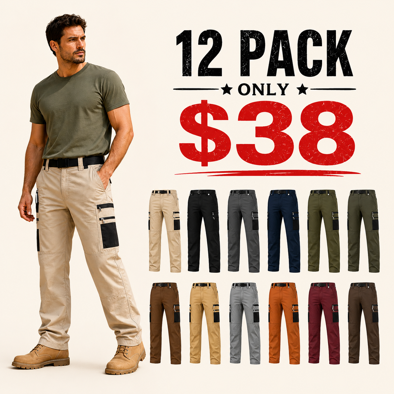 12-Pack Men's Contrast Pocket Cargo Pants $38