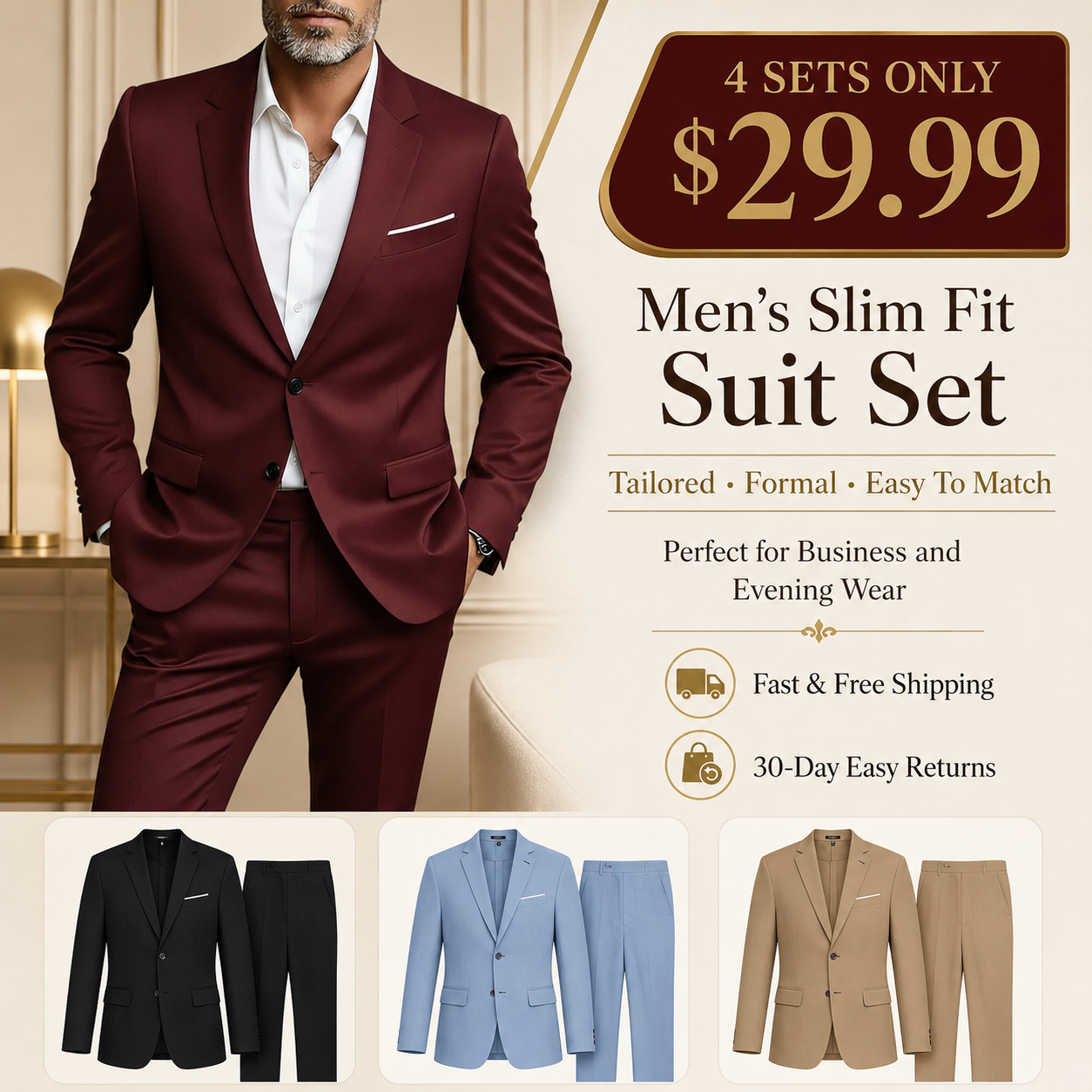 Men’s Two-Piece Slim Fit Suit – Tailored Formal Set for Business & Evening Wear