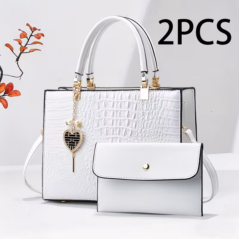 2pcs womens tote pouch handbag set shiny crocodile texture suitable for mature women dual use crossbody shoulder with zipper closure tote and matching pouch for daily shopping banquet versatile high end gift 0
