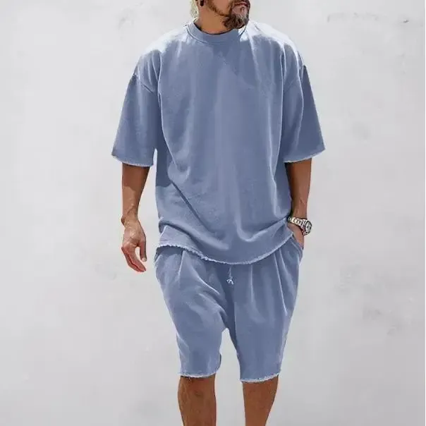 Men's Oversized Frayed Edge T-Shirt & Shorts 2-Piece Casual Set