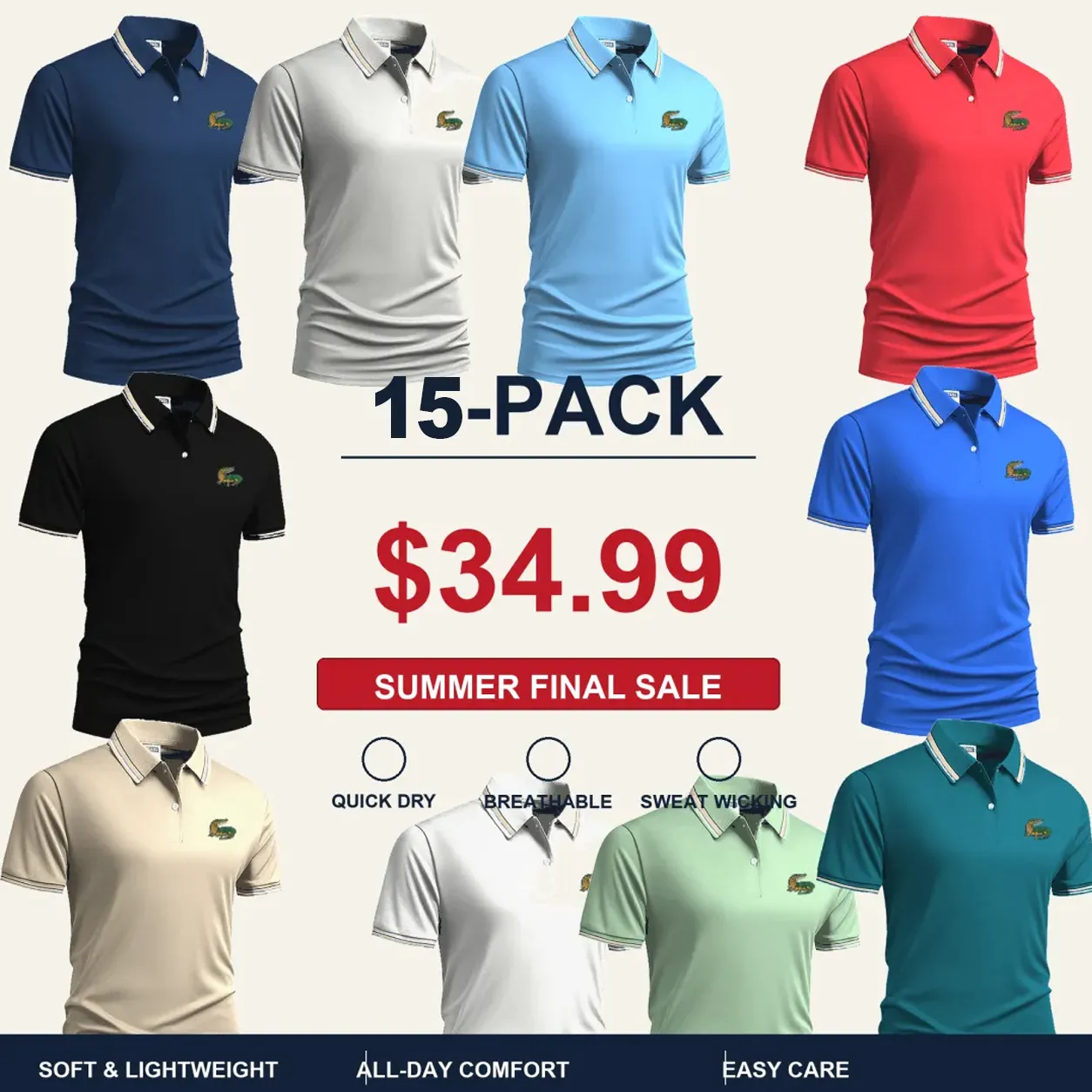 Men's Quick Dry Breathable Polo Shirt 15-Pack $34.99
