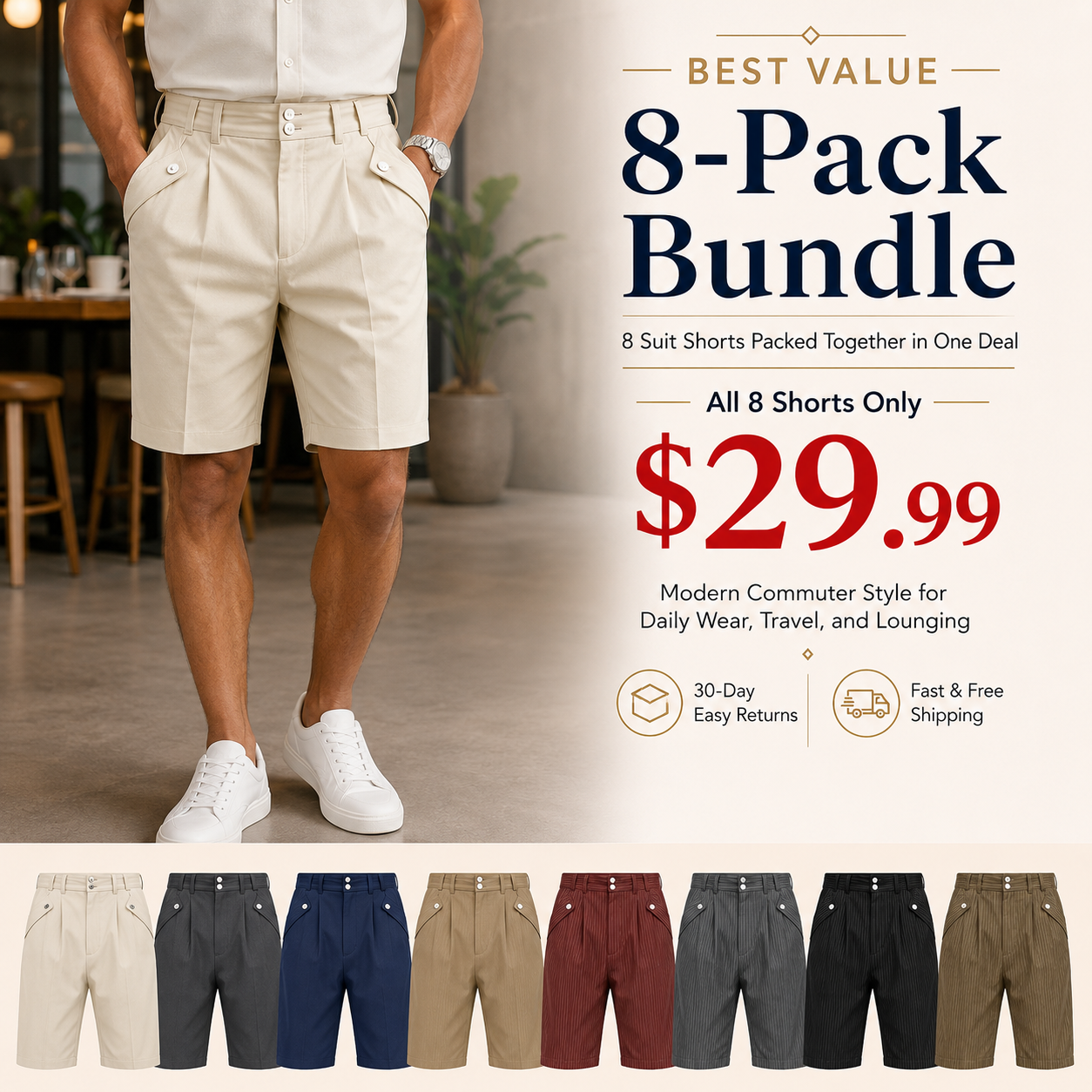 Modern Commuter Button Accent Suit Shorts