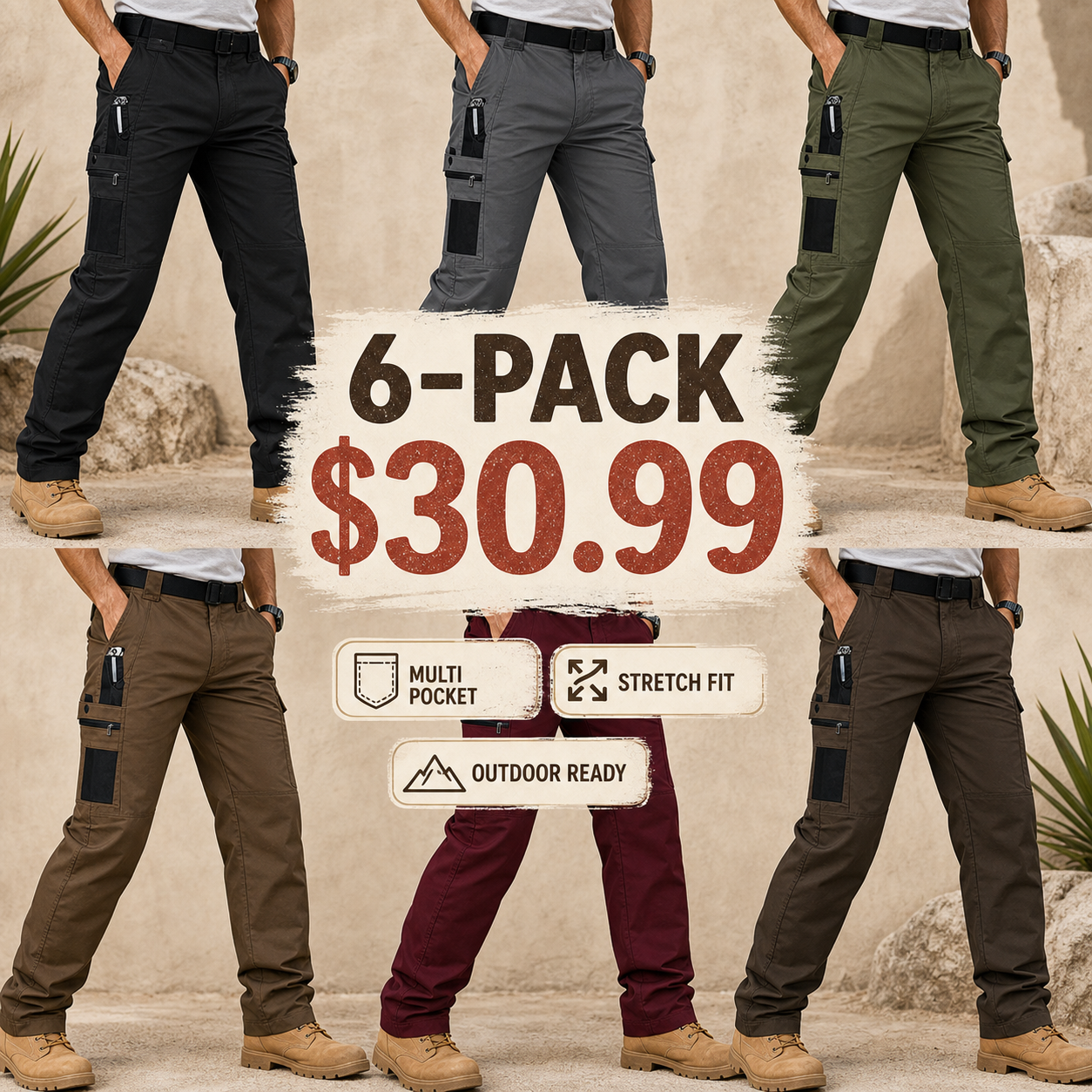 12-Pack Men's Contrast Pocket Cargo Pants $38