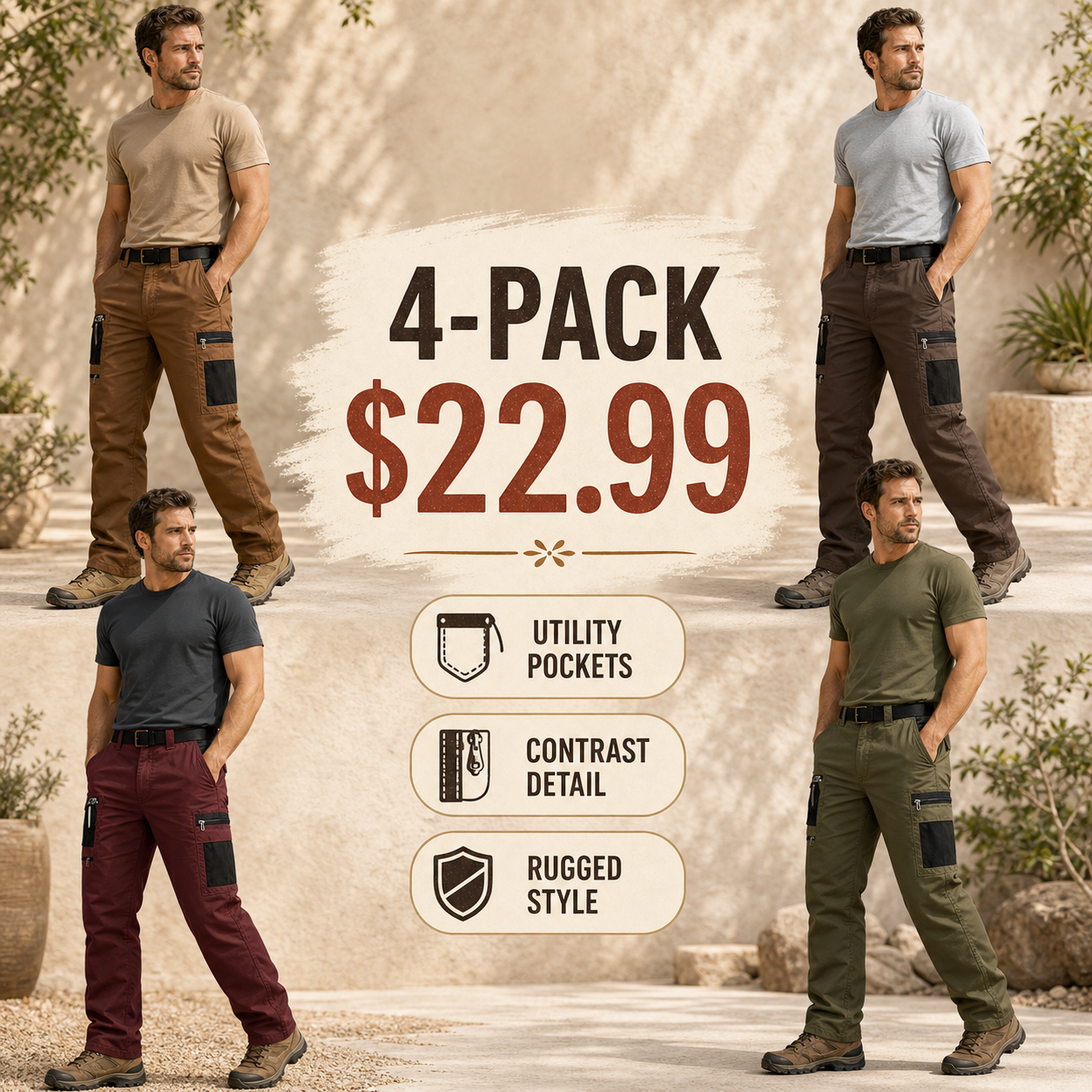 12-Pack Men's Contrast Pocket Cargo Pants $38