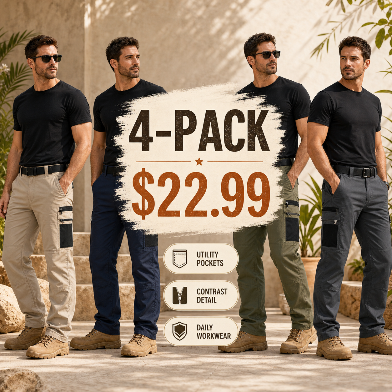 12-Pack Men's Contrast Pocket Cargo Pants $38