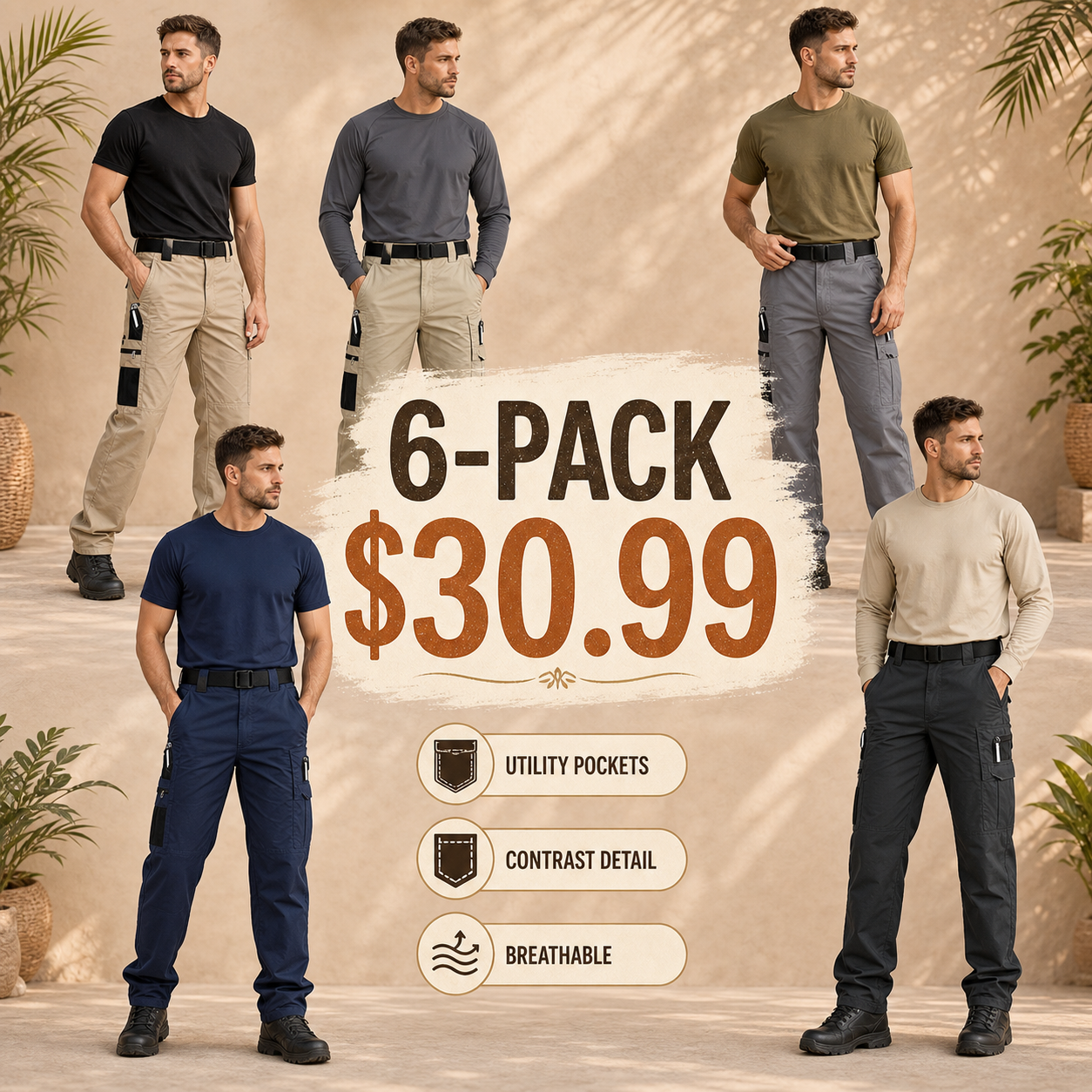 12-Pack Men's Contrast Pocket Cargo Pants $38