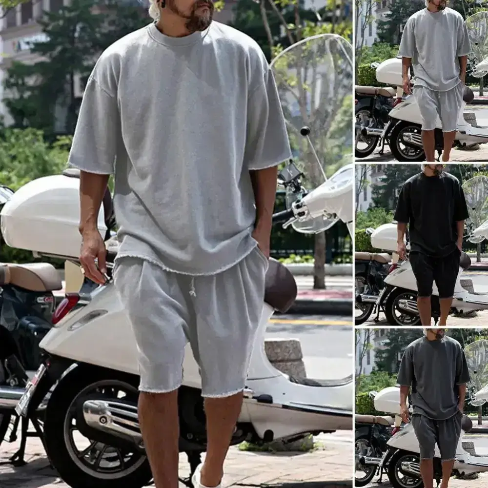 Men's Oversized Frayed Edge T-Shirt & Shorts 2-Piece Casual Set