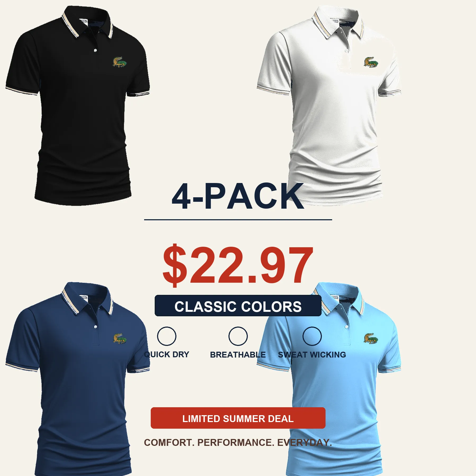 Men's Quick Dry Breathable Polo Shirt 15-Pack $34.99
