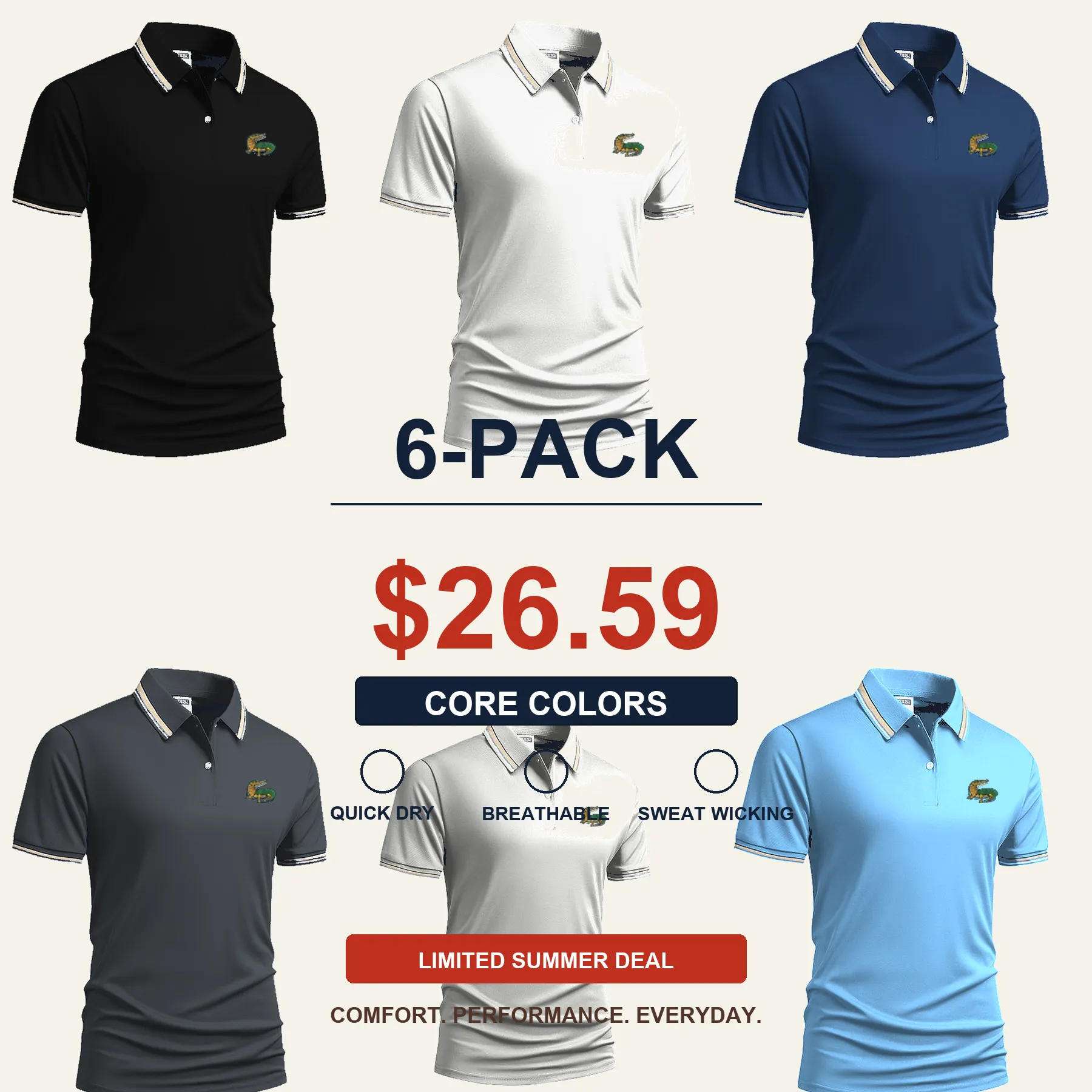Men's Quick Dry Breathable Polo Shirt 15-Pack $34.99
