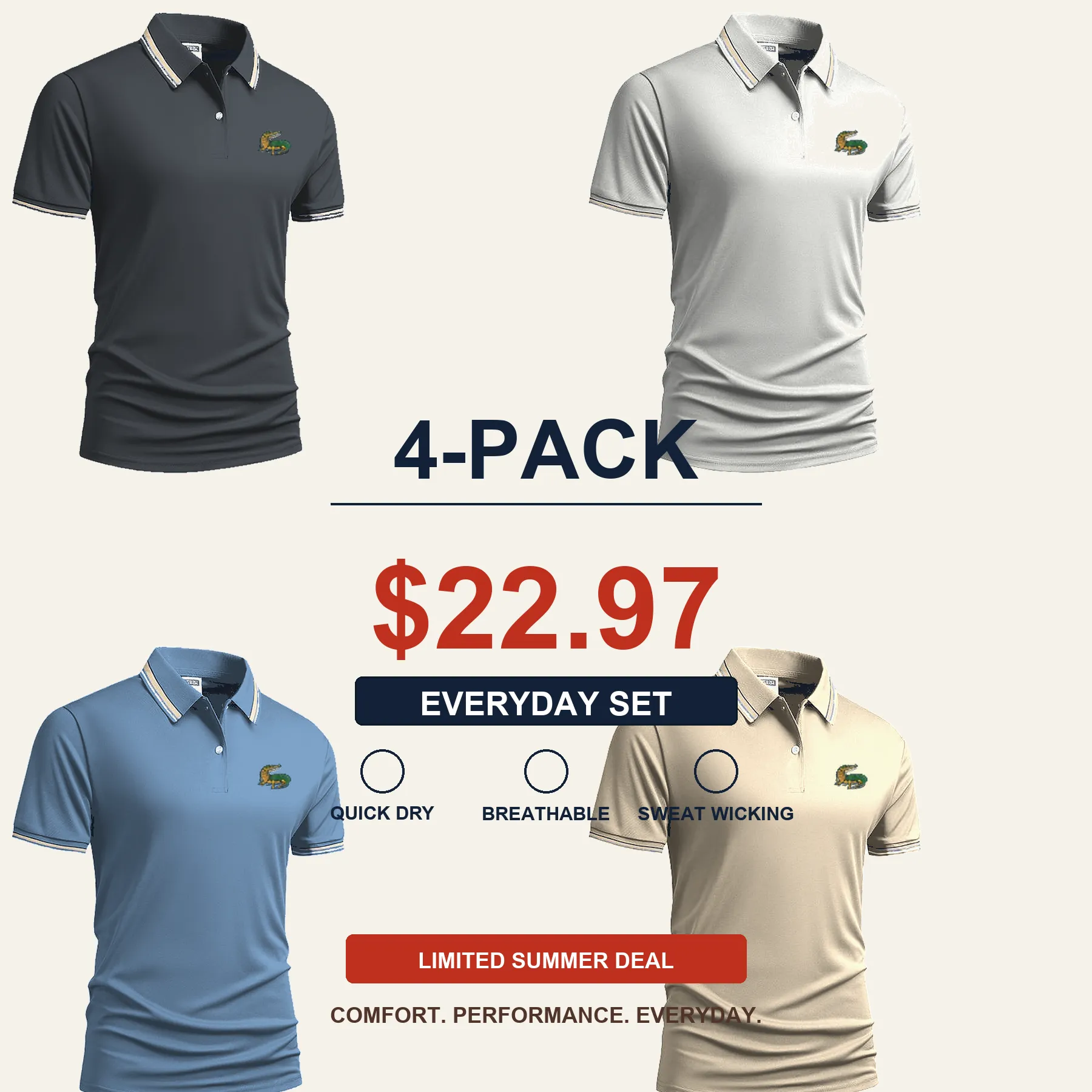 Men's Quick Dry Breathable Polo Shirt 15-Pack $34.99