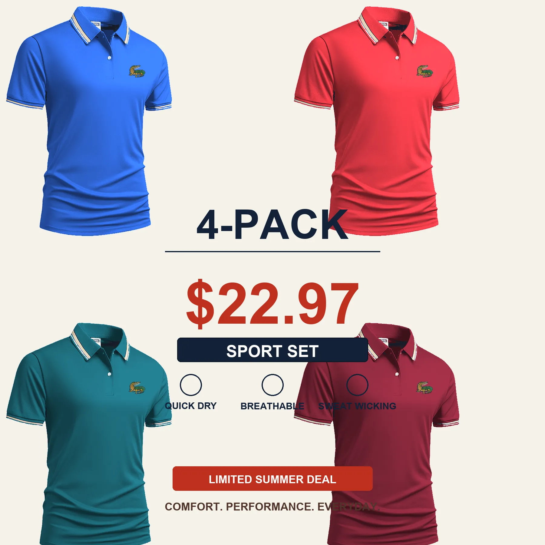 Men's Quick Dry Breathable Polo Shirt 15-Pack $34.99
