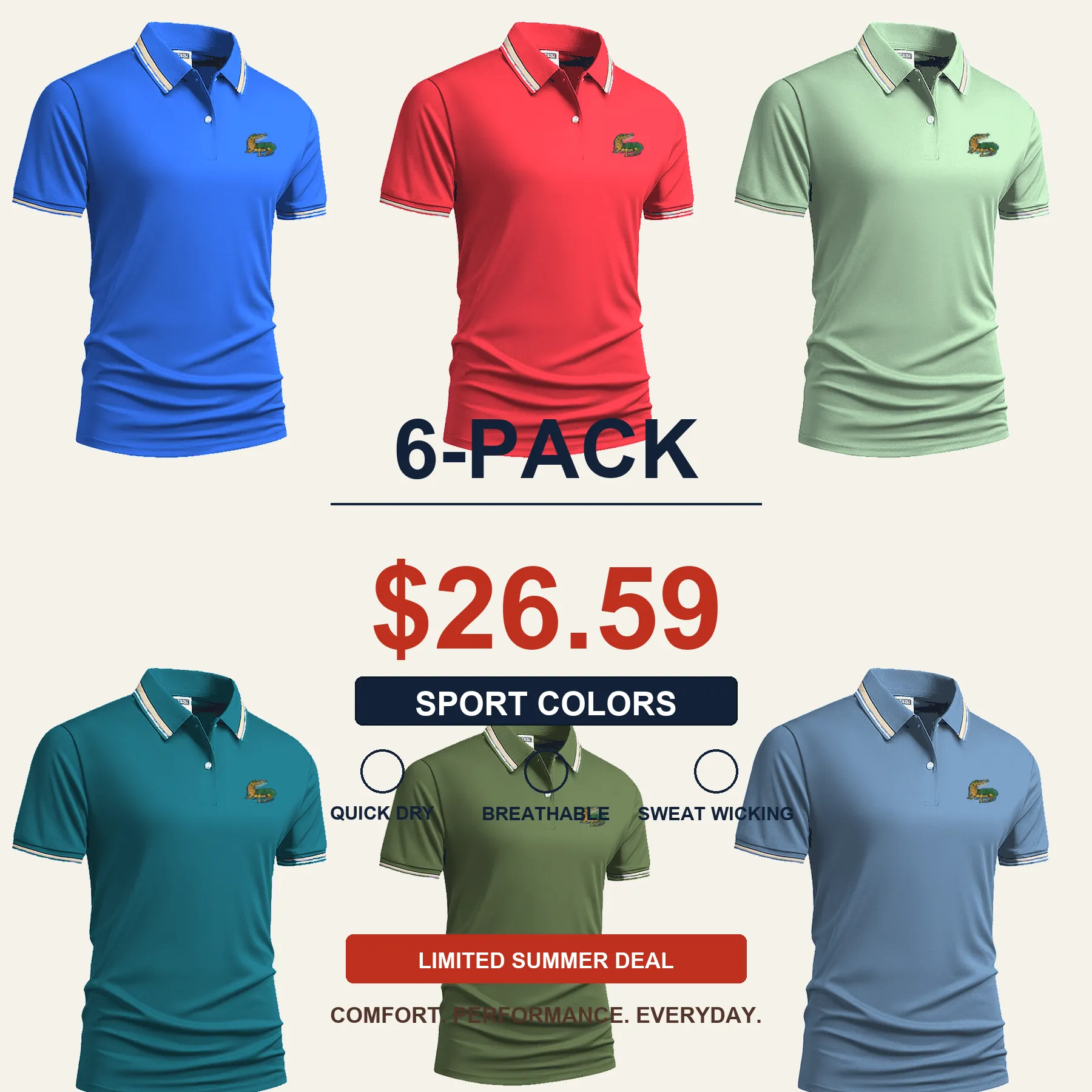 Men's Quick Dry Breathable Polo Shirt 15-Pack $34.99