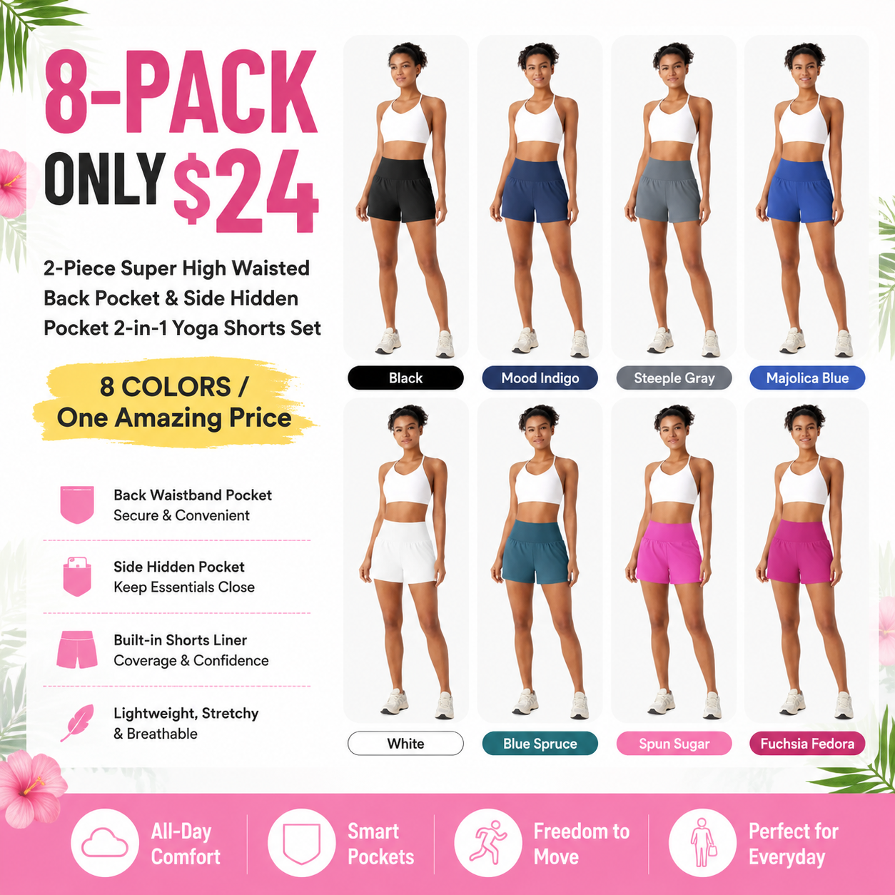 Flash Sale Women's 2-in-1 High Waisted Yoga Shorts Set with Pockets 8 Pack - main