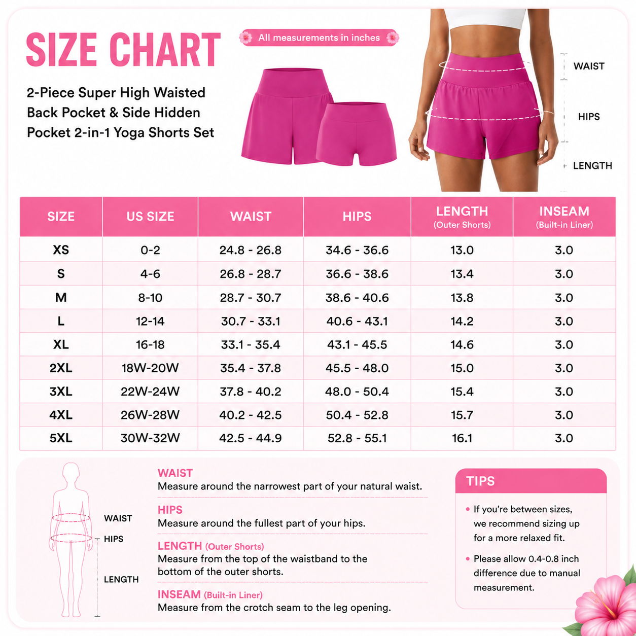 Flash Sale Women's 2-in-1 High Waisted Yoga Shorts Set with Pockets 8 Pack - size_chart