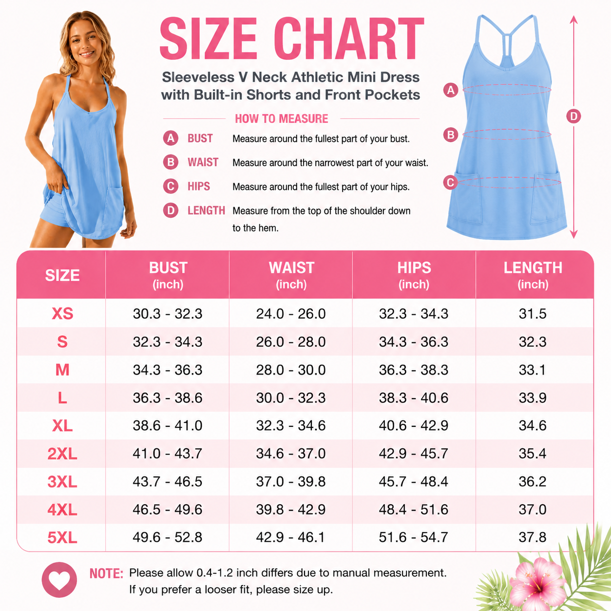 Flash Sale Women's Sleeveless V-Neck Athletic Mini Dress with Built-In Shorts and Pockets - size_chart